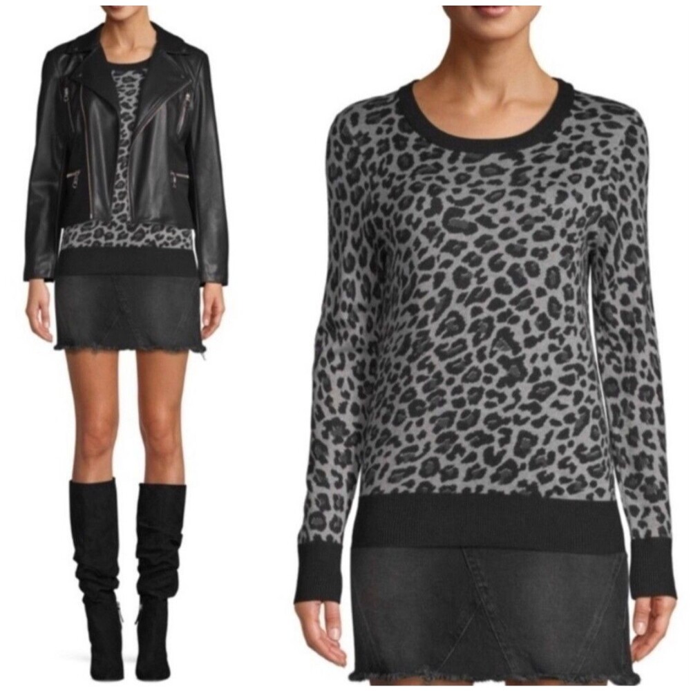 Issac Mizrahi Leopard Animal Print Sweater Womens Large Gray Black Soft Stretch